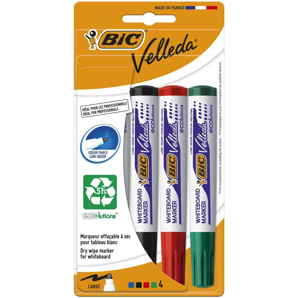 Jeu 4 Marqueur Tableau Effaçable Whiteboard Bic Velleda 1701