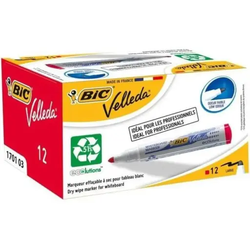 [170103] Pack 12 Marqueur Tableau Effaçable Whiteboard Bic Velleda Rouge